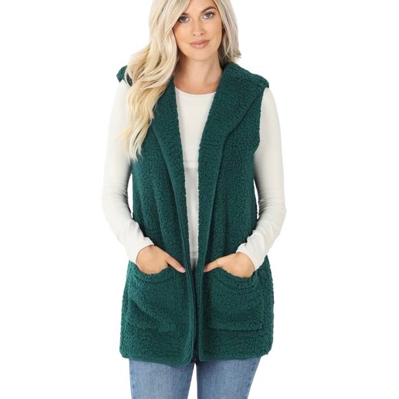 Zenana Green Soft Sherpa Hooded Vest - Picture 1 of 9